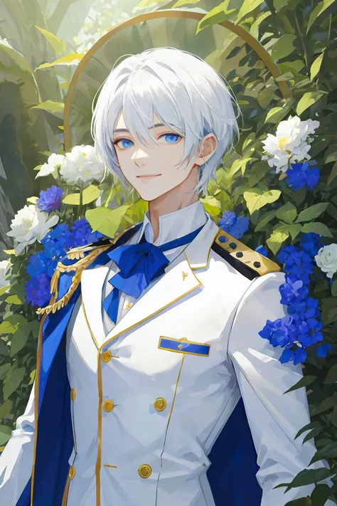 ((masterpiece:1.2, best quality)), 1man, short white hair, blue eyes, (handsome:1.4), white suit, fantasy, uniform, royal, Forest, flowers blooming, Sunlight, Fantastic light and shadow, Scenery, extremely detailed face, portrait, smile