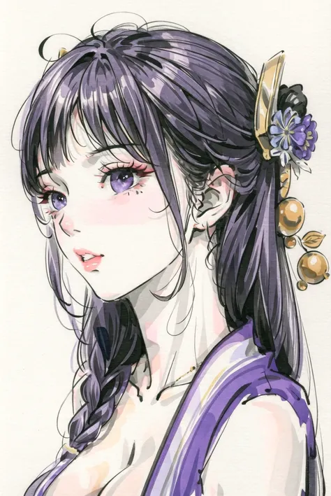 1girl, bangs, black hair, blunt bangs, blush, breasts, cleavage, flower, hair flower, hair ornament, japanese clothes, kimono, large breasts, long hair, looking at viewer, parted lips, portrait, purple eyes, purple hair, raiden shogun, ribbon, simple backg...