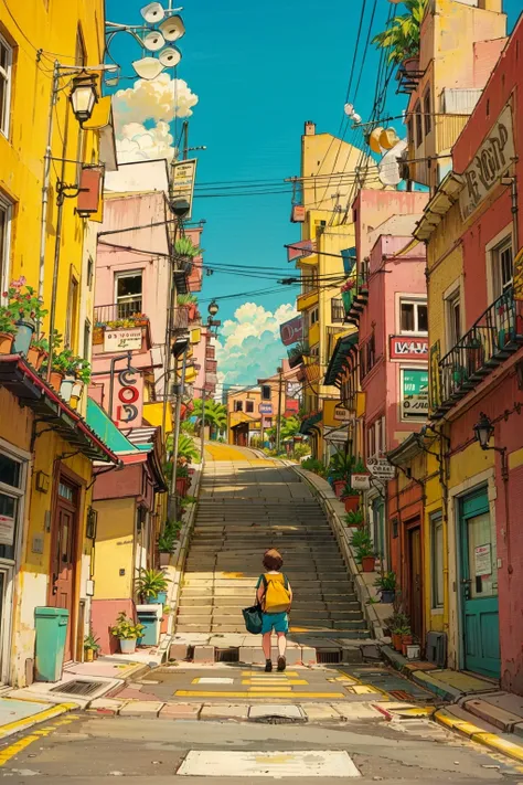 outdoors, power lines, sign, scenery, building, utility pole, street, sky, road, city, potted plant, solo, day, 1girl, brown hair, shirt, traffic light, 1boy, plant, air conditioner, road sign, blue sky, bag, short hair, stairs<lora:airconditionerlora:1>