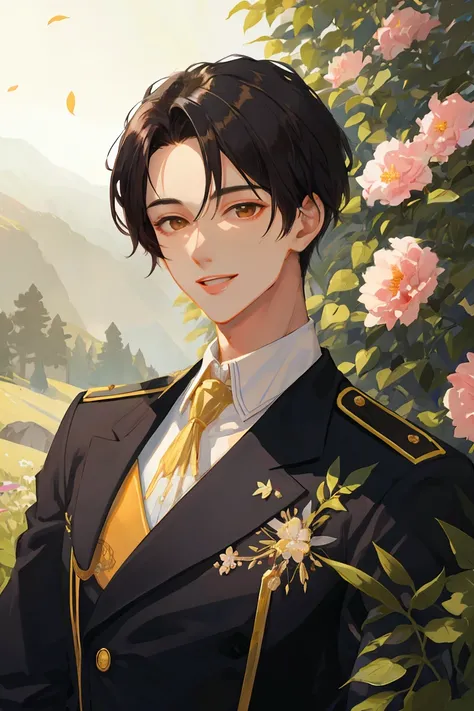 ((masterpiece:1.2, best quality)), 1man, adult, mature, tall muscular guy, very short black hair, undercut, forehead, brown eyes, (handsome:1.4), uniform, fantasy, Forest, flowers blooming, glowing, Sunlight, best light and shadow, Scenery, extremely detai...