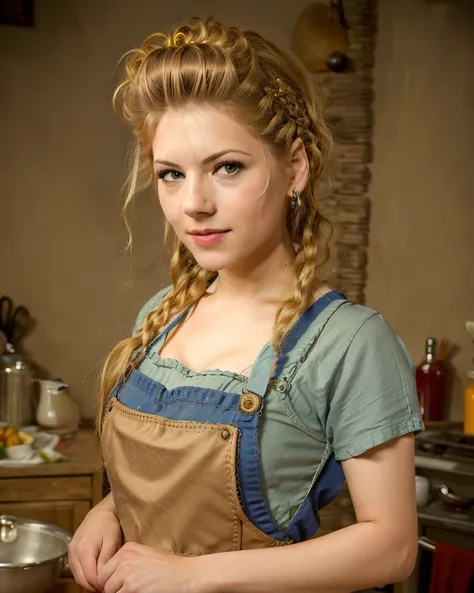 a closeup portrait of a playful kathwin as a maid, undercut hair, apron, amazing body, pronounced feminine feature, busty, kitchen, braided hair, flirting with camera

 <lora:Katherine_Winnick_triggerWord:1>