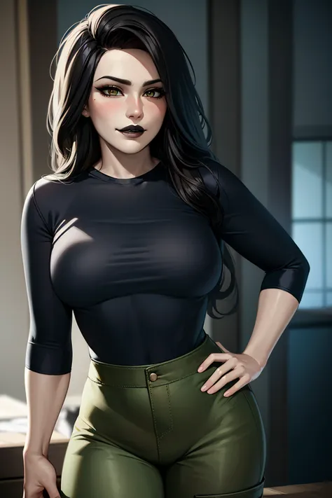 1girl, cowboy shot of beautiful shegolady, black shirt, brown cargo pants, evil grin, blush, black lips, dark room indoors, volumetric lighting, best quality, masterpiece, intricate details, tonemapping, sharp focus, hyper detailed, trending on Artstation,...