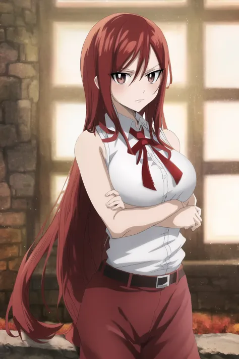 erza, fairy tail, anime art style, 1girl, solo, long_hair, breasts, looking_at_viewer, shirt, ribbon, brown_eyes, white_shirt, u...