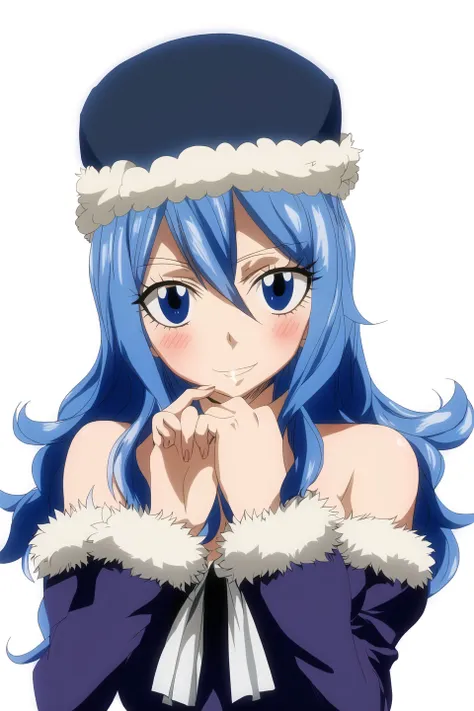 juvia, fairy tail, anime art style, 1girl, solo, blush, smile, hat, blue_hair, closed_eyes, fur_trim, parody, hands_on_own_face,...