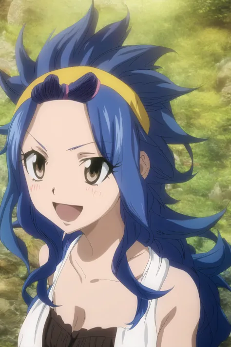 levy, fairy tail, anime art style, 1girl, solo, long_hair, smile, hair_ornament, bare_shoulders, brown_eyes, blue_hair, collarbo...