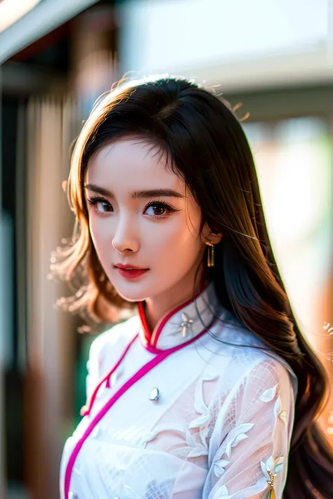 (yangmi), ((hanfu)), chinese clothes, china dress,
(((master peice))), (((best quality))), (((ultra high res))), (photorealistic:1.4), 8K, Nikon D750, ((Wide Angle)),
1girl, detailed face, upper body, bright pupils, face light,