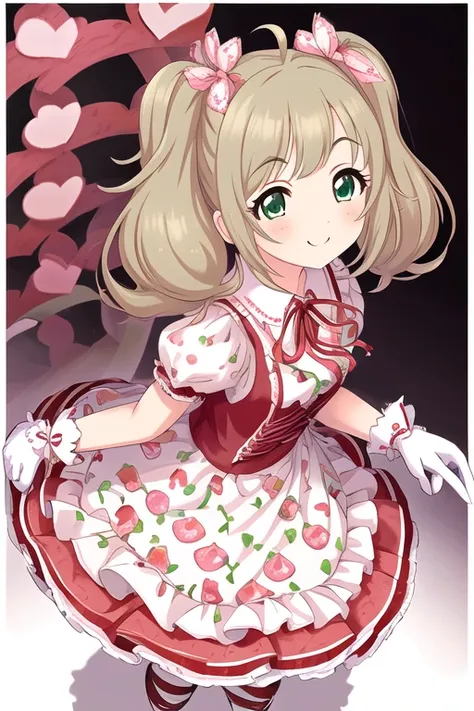 Sato Shin, 1girl, ahoge, blonde hair, blush, cherry print, clenched hands, cross-laced clothes, cross-laced dress, dress, food print, frilled sleeves, frills, full body, gloves, green hair, hair ribbon, hanai yuyu, heart, idol, looking at viewer, neck ribb...