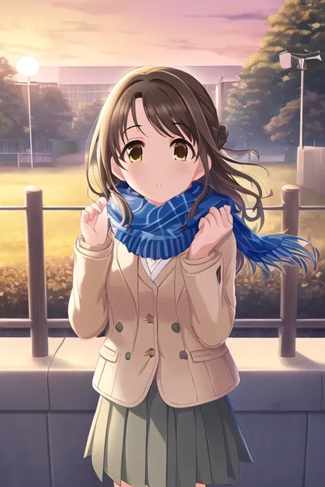 Shimamura Uzuki, 1girl, arm at side, blue scarf, brown hair, fence, green eyes, grey skirt, hand up, jacket, long hair, one side up, outdoors, scarf, school uniform, skirt, solo, standing, sunset
<lora:deresute-000016:1>