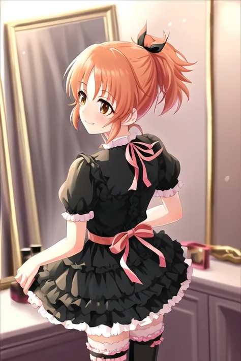abe nana, 1girl, black thighhighs, blurry, blush, cellphone, chair, cosmetics, cowboy shot, depth of field, dress, dressing room, frilled dress, frills, hair ribbon, layered dress, looking away, looking back, mirror, neck ribbon, orange hair, parted bangs,...