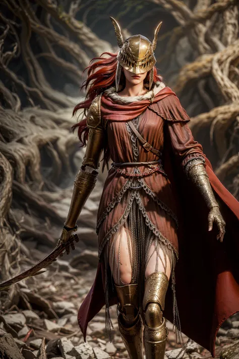 (eldenring(type2):1.8), eldenring(malenia), (8k, RAW photo, best quality, masterpiece:1.2), (realistic, photo-realistic:1.37),winged helmet, beautiful face, beautiful eyes, very long hair, dress, 1girl, beautiful face, (long red cape:1.3), solo, mecha righ...