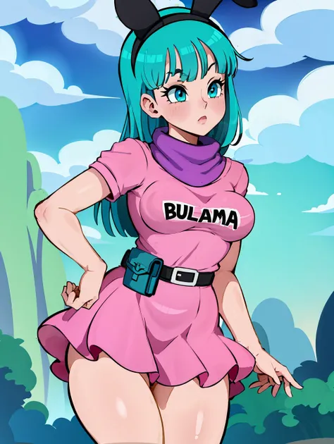 flawless, clean, masterpiece, professional artwork, famous artwork, perfect face, solo, bulma with medium breasts in a (pink minidress with (the word bulma on it)) and a belt with a fanny pack at green rocky outdoors with grass fields, <lora:bulma_v1_1:0.9...