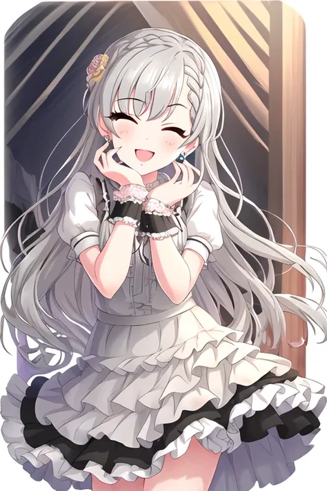 Hisakawa Hayate, jewelry, long hair, grey hair, bangs, earrings, braid, blue eyes, 
1girl, ;d, asymmetrical bangs, banirou, blush, braid, braided bangs, breasts, flower, grey hair, hair flower, hair ornament, hand on own cheek, hand on own face, idol, laye...