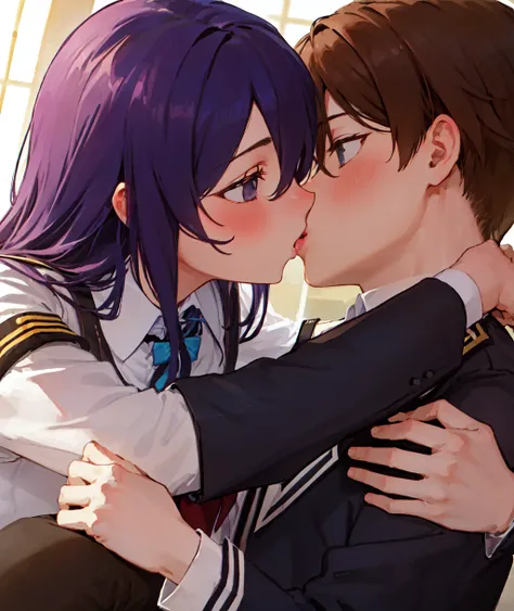 two boys, kiss, <lora:animeKissesLocon_v1:0.8>, school uniform