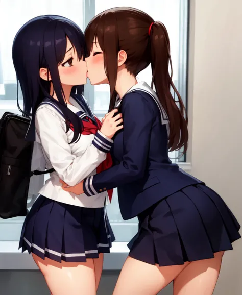 two girls, kiss, <lora:animeKissesLocon_v1:0.7>, school uniform,