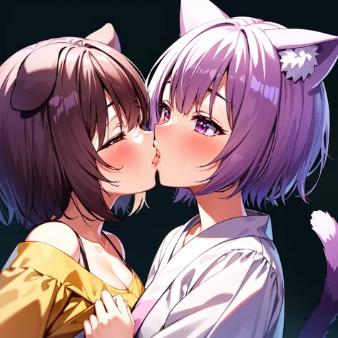 (<lora:inugamiKorone_v10:0.6>, inugami korone, brown hair, dog ears), (<lora:vtuberNekomataOkayu_v10:0.6>, nekomata okayu, pink hairs, cat ears),
(inugami korone kissing  nekomata okayu:1.3), yuri, <lora:animeKissesLocon_v1:0.5>, yellow jacket, white onepi...