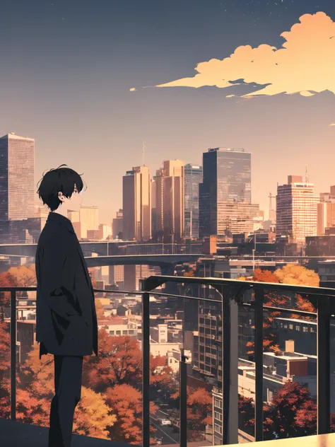 masterpiece, best quality, 1boy, flat color, limited palette, low contrast, (ligne claire), long straight black hair, looking away, standing. smoke, night sky, city, sunset, sky scrapers, bridge, depth of field, black, red, orange, brown, autumn, haze, <lo...