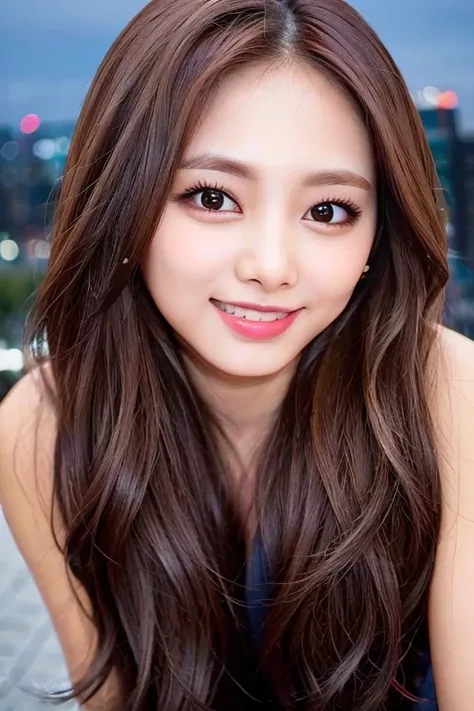 "1girl,photo of tztwtzuyu, brown hair,best quality,(detailed face:1.4), (looking at viewer:1.4), shiny skin, smile, city at nigh...