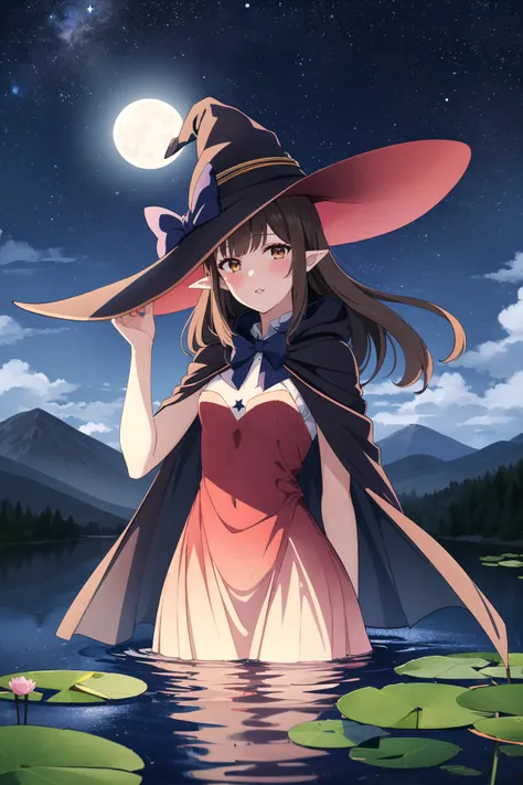 masterpiece, best quality,1girl, adjusting clothes, adjusting headwear, blush, bow, bowtie, breasts, brown eyes, brown hair, cloak, cloud, cloudy sky, crescent moon, dress, fantasy, flower, glowing, glowing flower, hat, light particles, lily pad, long hair...