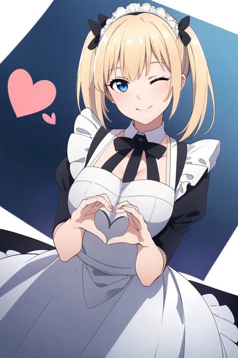 masterpiece, best quality, 1girl, smile, one eye closed, dutch angle, blonde hair, twintails, blue eyes, cowboy shot, maid dress, heart hands