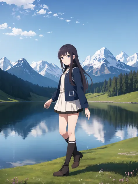 masterpiece, best quality, 1girl, solo, light smile, mountain, lake, meadow, panorama, jacket, kneehighs, boots