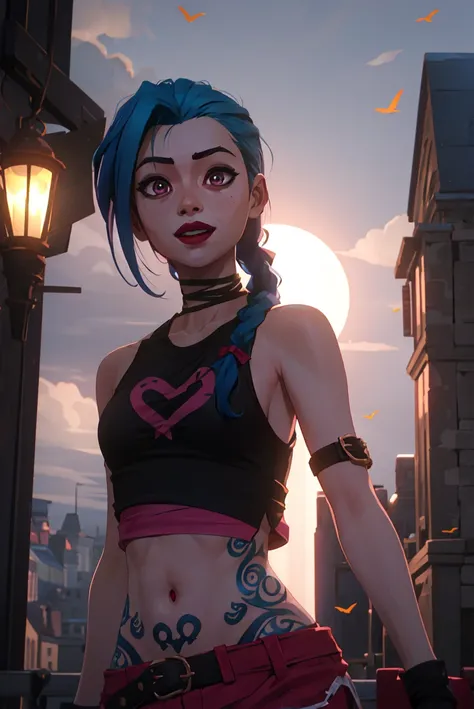 arcane style,
1girl, arm tattoo, asymmetrical bangs, bangs, blue hair, braid, brown shirt, cloud tattoo, looking at viewer, laughing, crazy, uncontrollable laugh, mad look, night, city, green hair, long hair, midriff, pink eyes, red lips, shirt, solo, sta...