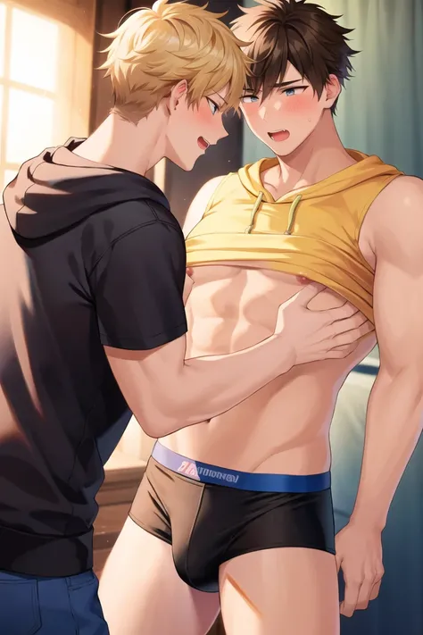 best quality, masterpiece, highres, male focus, 2boys, multiple boys, yaoi, looking at another, black hair, blonde hair, short hair, hoodie, tank top, blush, open mouth, covered nipples, male underwear, underwear, muscular male, muscular, bara, pectorals <...