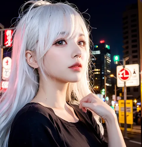 (8k, RAW photo, best quality, masterpiece:1.3),(realistic, photo-realistic:1.37),posing,Tokyo street,nightcityscape,night, cyberpunk city,soft light,1girl,extremely beautiful face,bust,put down hands,Random hairstyle,white hair,Random expression,small eyes...