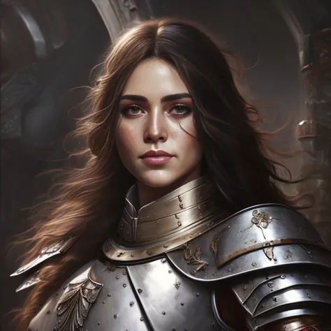 a close up of a woman in armor, female with black hairs templar, digital painting, character portrait, hyper realistic digital art, young woman, highly detailed soft lighting, wearing sleek armor, a painting, cushart, inspired by Eleanor Vere Boyle, Artsta...