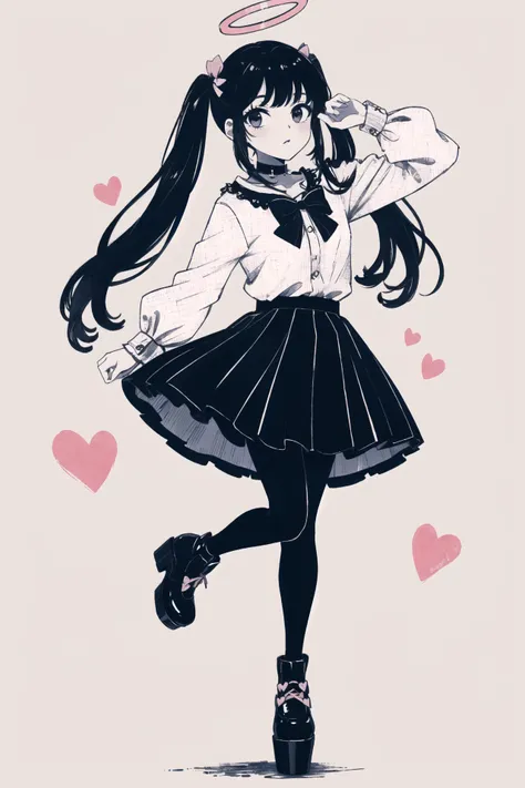 masterpiece, best quality, 1girl, solo, long_hair, looking_at_viewer, bangs, skirt, shirt, black_hair, long_sleeves, bow, ribbon, twintails, hair_bow, heart, pantyhose, frills, shoes, choker, blunt_bangs, black_skirt, pink_eyes, halo, pink_background, fril...