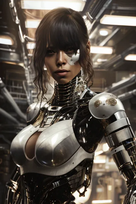 a  digital painting  of a white cyborg cute woman, biomechanical, black bang hairs, golden light, reflections, Artstation, concept art by Mark Brooks, by Brad Kunkle highly detailed, hyper-realistic