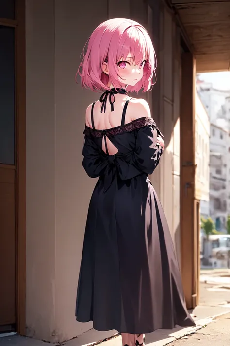 dark, doomsday, catastrophe, 1girl, pink hair, looking at viewer, cyber, light frown, ruined, (rubble), collarbone, pink hair, flat chest, from behind, ((masterpiece, best quality)), outdoors, long dress,