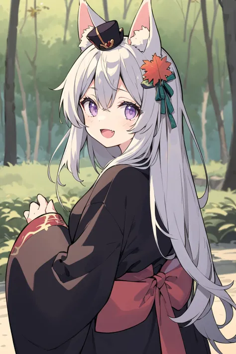 masterpiece, best quality, ultra-detailed, looking back, 1 cute girl, purple eyes, fox ears, long hair, smile, looking at viewer, hair ornament, :d, (mini top hat), long sleeves, wide sleeves, black japanese clothes, (maple trees forest:1.25), fang