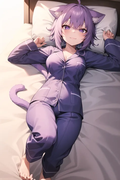 2d, masterpiece, best quality, anime, highly detailed face, highly detailed eyes, highly detailed background, perfect lighting, full body, 1girl, nekomata okayu, on bed, on back, lying, from above, :3, purple pajamas, open pajamas, pillow, medium hair, bre...