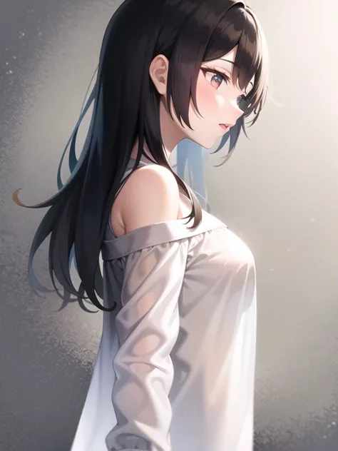 see-through silhouette, 1girl, solo, standing, white shirt, cowboy shot, grey background, oversized shirt, off shoulder, from side,