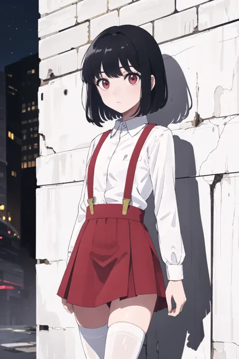 masterpiece, best quality, 1girl, solo, black hair, medium hair, red eyes, blunt bangs, petite, expressionless, red skirt, white legwear, thighhighs, suspender skirt, white shirt, mary janes, night, dark, shadow, ligne claire, lineart