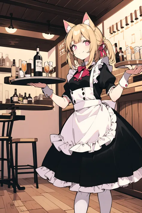 masterpiece, best quality, ultra-detailed, original characters, portrait of a young catgirl maid smiling with cute pink eyes, long blonde hair with cat ears and pink ribbon, pink and white maid outfit with lace and frills, short skirt showing white stockin...