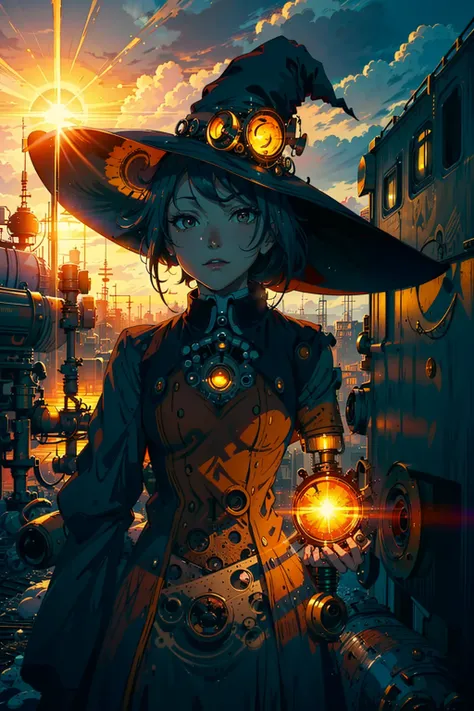 girl, fantasy, light, witch, magic, anime film <lora:steampunkai10MBLora_10mb:1>,steampunkai,robot, witch hat, witch dress,train,sun, sunlight, steam,