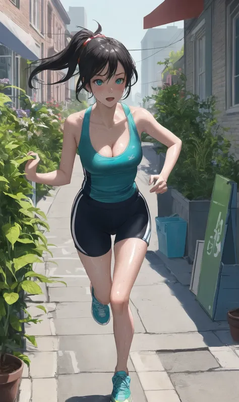 (1 girl), (aqua), (Edward Hopper:1.2), detailed cityscape, detailed background, (causal sportwear), (8k wallpaper), (best quality), (masterpiece), HDR, detailed modern town, sporty, cleavage, modern street, (wet floor:0.9), garden, (detailed eyes), plant, ...