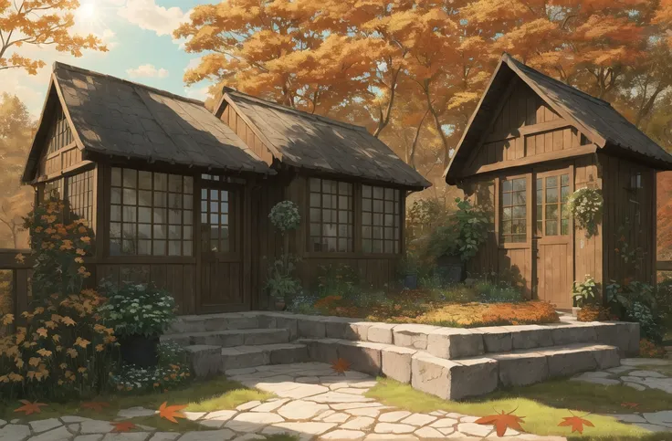 stone cottage, verdant, flowers, autumn leaves, absurd res, HDR, lens flare, maximum detail, far shot, best quality, digital illustration, realistic, beautiful environment, Photorealistic painting, Professional majestic oil painting, Portfolio piece, Fanta...