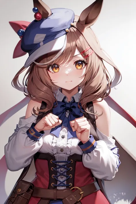 masterpiece, best quality,
matikanetannhauser (umamusume),
upper body, 
cabbie hat, blue headwear, blue bowtie, cape, white shirt, collared shirt, shoulder cutout, puffy long sleeves, center frills, corset, belt pouch, belt
<lora:matikanetannhauser_loha:0....