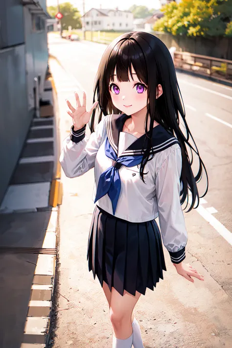 1girl, chitanda eru, long hair, black hair, school uniform, purple eyes, white shirt, white socks, pleated skirt, bangs, black sailor collar, neckerchief, black skirt, long sleeves, <lora:chitanda_eru_v10:0.7>, smile, waving,