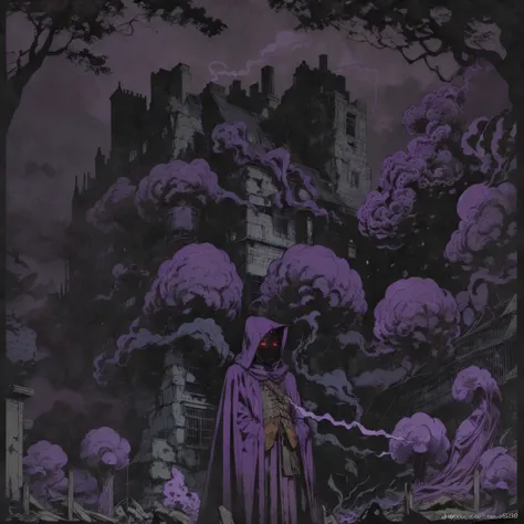 <lora:Fantasy:1> a purple and black poster with a person in a cloak standing in front of a building with smoke coming out of it, Aya Goda, purple, a screenprint, sots art