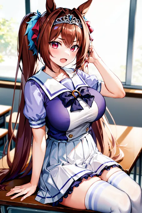 masterpiece, best quality, highres, 1girl, horse ears, solo, daiwa scarlet (umamusume), tracen school uniform, white thighhighs, white skirt, twintails, sailor shirt, puffy short sleeves, horse tail, very long hair, brown hair, bow, sailor collar, bowtie, ...