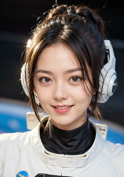 realistic, beautiful female,hair bun,
spacecraft, spacesuit,helmet , looking at viewer,
office,(parted lips:1:1), (light_smile),
shiny skin, skindentation <lora:ZhaoJinmai-3.5:0.5>