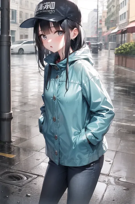 masterpiece, best quality, 1girl, detailed, rain, raincoat, (hands in pockets), wet, pavement, hat, grey eyes, jeans, black hair, looking at viewer, :o,