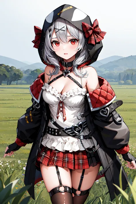 masterpiece, best quality, highres, 1girl, solo, red_eyes, sakamata chloe, garter straps, black fingerless gloves, torn thighhighs, grey hair, hair ornament, multicolored hair, plaid skirt, streaked hair, cleavage, x hair ornament, black hair, red skirt, b...