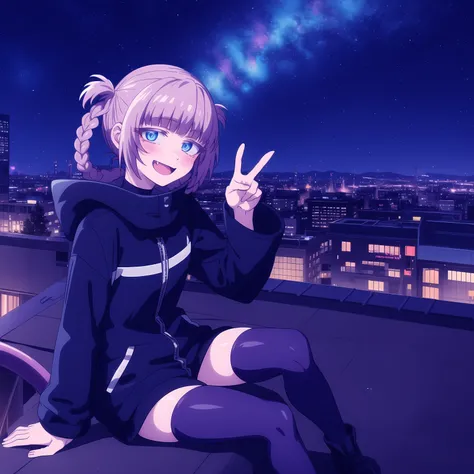 best quality, (masterpiece:1.1), detailed, sharp focus, anime style, night,  starry sky, city, (rooftop:1.2), on top of building, no lights, milkyway, purple tint,
<lora:chara_YofukashiNoUta_Nazuna_v1:0.7>, from angle, sitting, nanakusa nazuna, smile, fang...