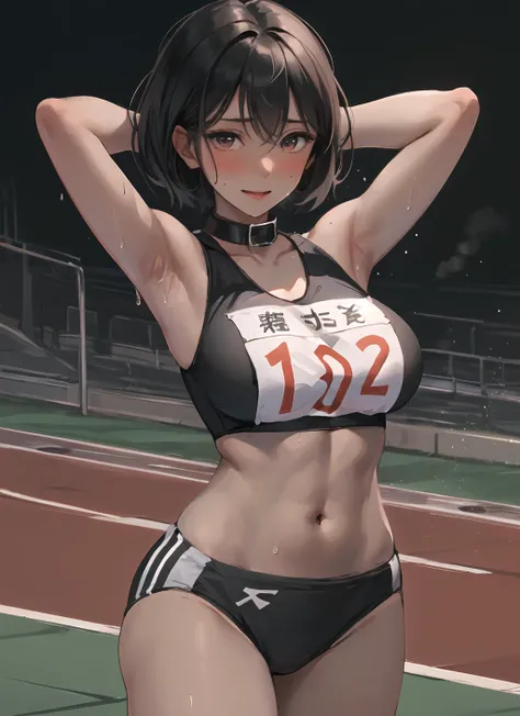 1girl, (rikujou:1.2),huge breasts, tomboy,(masterpiece, high quality), mature female, (very dark skin:1.4) ,black hair, (very short hair:1.2), shy, embarrassed, happy, blush, thighs, muscular, armpits, collar, arms behind head,sweat, steam, looking at view...