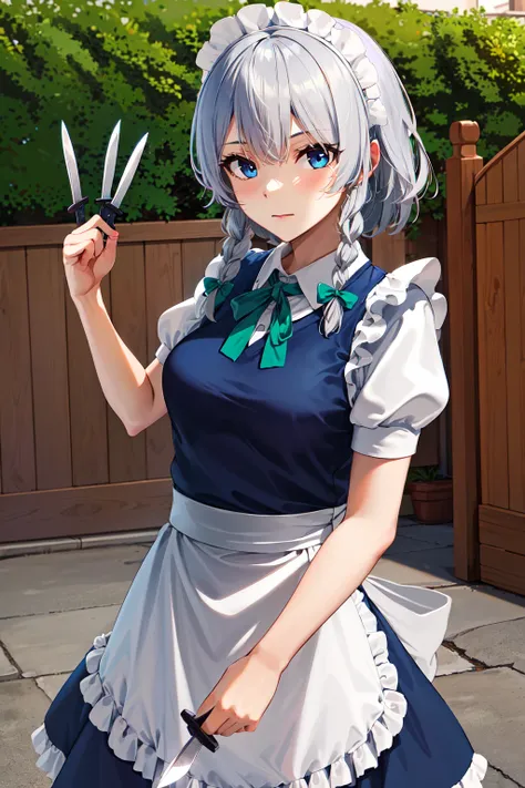 masterpiece, best quality, highres,  1girl, solo, sakuya1, izayoi sakuya, <lora:izayoi_sakuya_v1:0.8>, maid, blue eyes, grey hai...