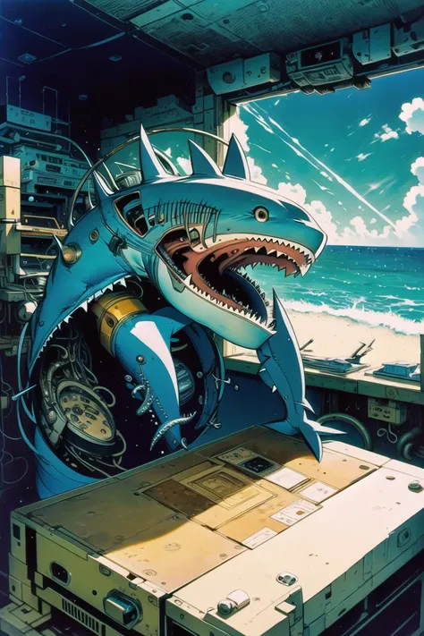 (illustration,location,shark),interior,beach background,oven ,(masterpiece,detailed,highres:1.4) <lora:novel:1.0>